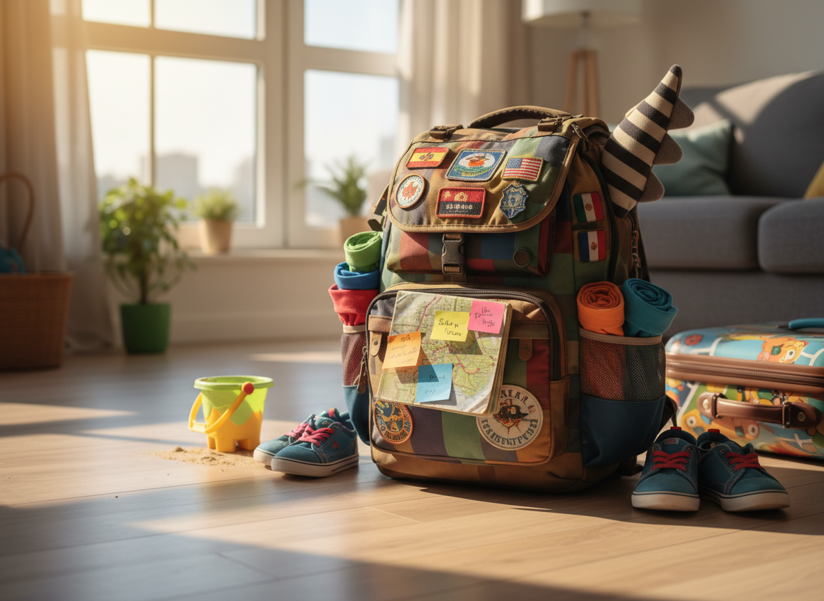 A colorful, well-worn family travel backpack standing upright on a light wooden floor in a bright apartment living room, its side pockets bulging with neatly rolled kids’ T-shirts, a plush dinosaur tail peeking out, and a map booklet marked with sticky notes sticking from the front pocket. Around it lie a scatter of tiny sneakers, a sand-speckled pail, and a small, cartoon-print suitcase partially zipped open. Late afternoon sunlight pours in from a large window, casting long, playful shadows and warm highlights on the fabric textures. Photographic realism, shot at eye level with shallow depth of field, the backpack in sharp focus and the room softly blurred, creating a vibrant, optimistic mood of anticipation for an unforgettable family adventure.