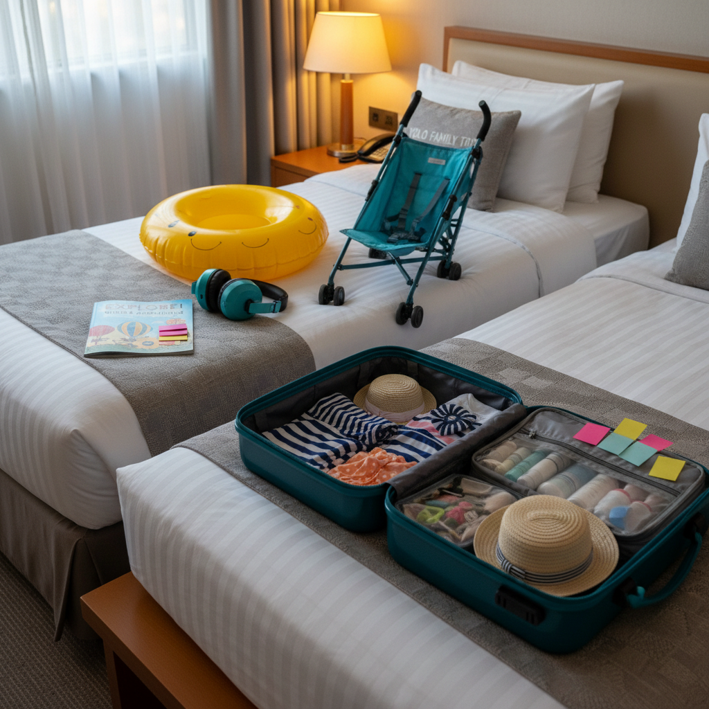 A cozy twin hotel bed neatly made with crisp white sheets, the center piled with a playful assortment of child-sized travel items: a bright yellow floating ring, a foldable stroller, noise-cancelling headphones, and a guidebook with colorful sticky tabs. Beside the bed, a compact suitcase lies open on a low bench, carefully packed with tiny swimsuits, sun hats, and travel-sized toiletries arranged in clear pouches. Warm, diffused evening light from a bedside lamp and sheer-curtained window creates a soft golden glow, highlighting textures in the linens and fabrics. Photographic realism, composed from a slightly elevated angle with clear, detailed focus throughout, conveying a calm yet excited atmosphere of meticulous preparation for a YOLO-style family trip.
