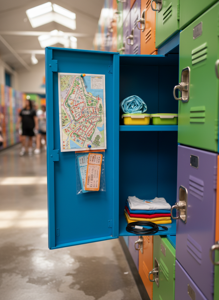 A lively theme park locker area featuring a bright blue locker door swung open, revealing an organized stash of family essentials: a neatly folded poncho, compact bento boxes with colorful lids, spare T-shirts in small sizes, and a carefully coiled phone charging cable. A map of the park, creased and annotated in marker, is pinned inside the door, alongside a clear pouch of ride tickets. The polished concrete floor reflects mid-morning light from overhead skylights, creating gentle highlights on the metal surfaces. Photographic realism, framed at eye level with a moderate depth of field so the open locker is in crisp focus while neighboring lockers blur into soft color blocks, capturing an energetic, playful atmosphere of kid-friendly park exploration.