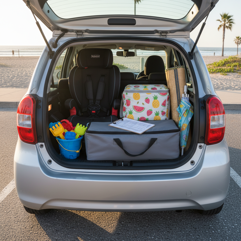 A compact rental car trunk opened wide in a sunny parking lot near the beach, perfectly packed with kid-focused travel gear: a neatly strapped booster seat, a folded travel crib in a sleek carrying case, a bucket brimming with sand toys, and a soft-sided cooler decorated with bright fruits. Rolled beach mats and a small, cartoon-patterned umbrella are tucked to one side, while a printed itinerary clipped to a clipboard rests on top. Late afternoon golden hour light casts warm, elongated shadows on the asphalt and creates soft highlights along the edges of the car and equipment. Photographic realism, captured from a slightly elevated rear angle with sharp detail throughout, conveying a cheerful, ready-to-go mood for a carefree family road trip.