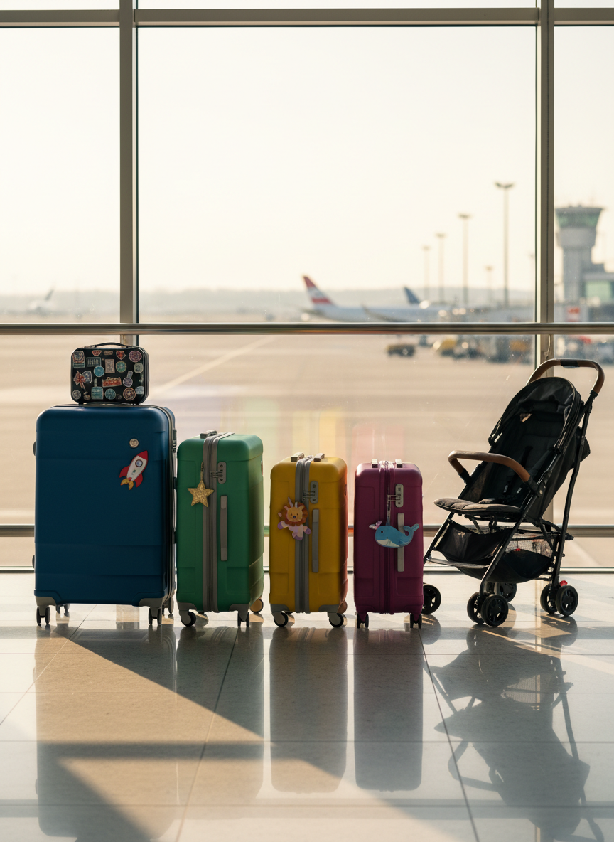 A sunlit airport window scene featuring a row of sleek, colorful suitcases of different sizes, each adorned with whimsical luggage tags shaped like rockets, stars, and cartoon animals, lined up in front of expansive floor-to-ceiling glass. A small, collapsible travel stroller is folded neatly beside them, and a miniature carry-on decorated with travel stickers rests on top of the largest suitcase. Outside, planes and runway markings appear softly blurred. Bright morning light floods through the windows, creating crisp reflections on the polished floor. Photographic realism, captured from a low-angle perspective with the luggage dominating the frame and the background subtly out of focus, evoking a playful, adventurous mood perfect for a family’s once-in-a-lifetime journey.